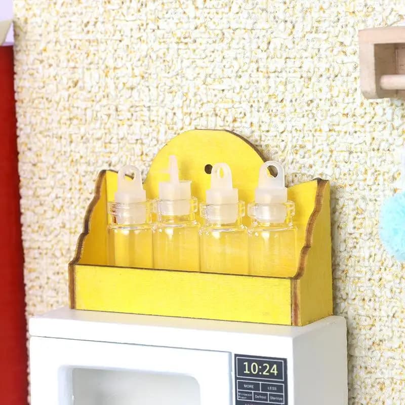 Dollhouse Miniature Spice Rack Set with 4 Clear Glass Jars Yellow Wooden Holder for 1:12 Doll House Kitchen Decor