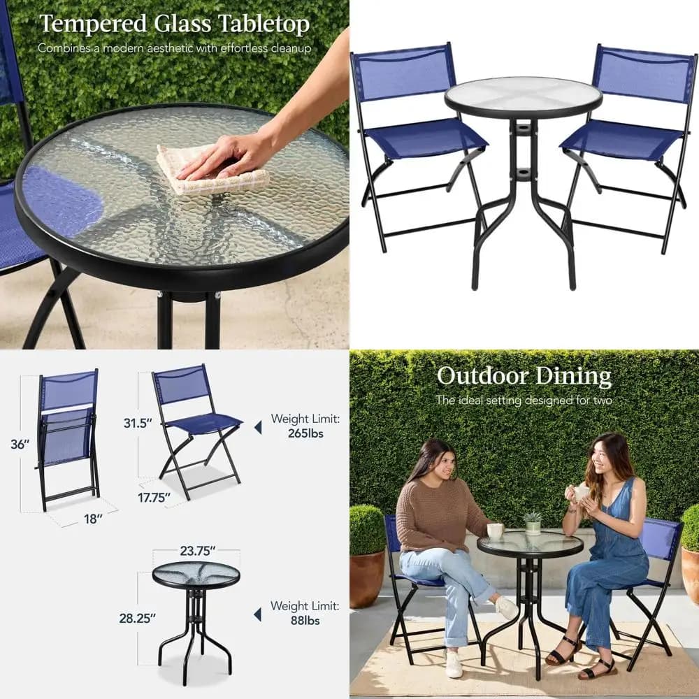 Outdoor bistro set in 3 pieces with glass top, 2 metal chairs, navy blue polyester cushions
