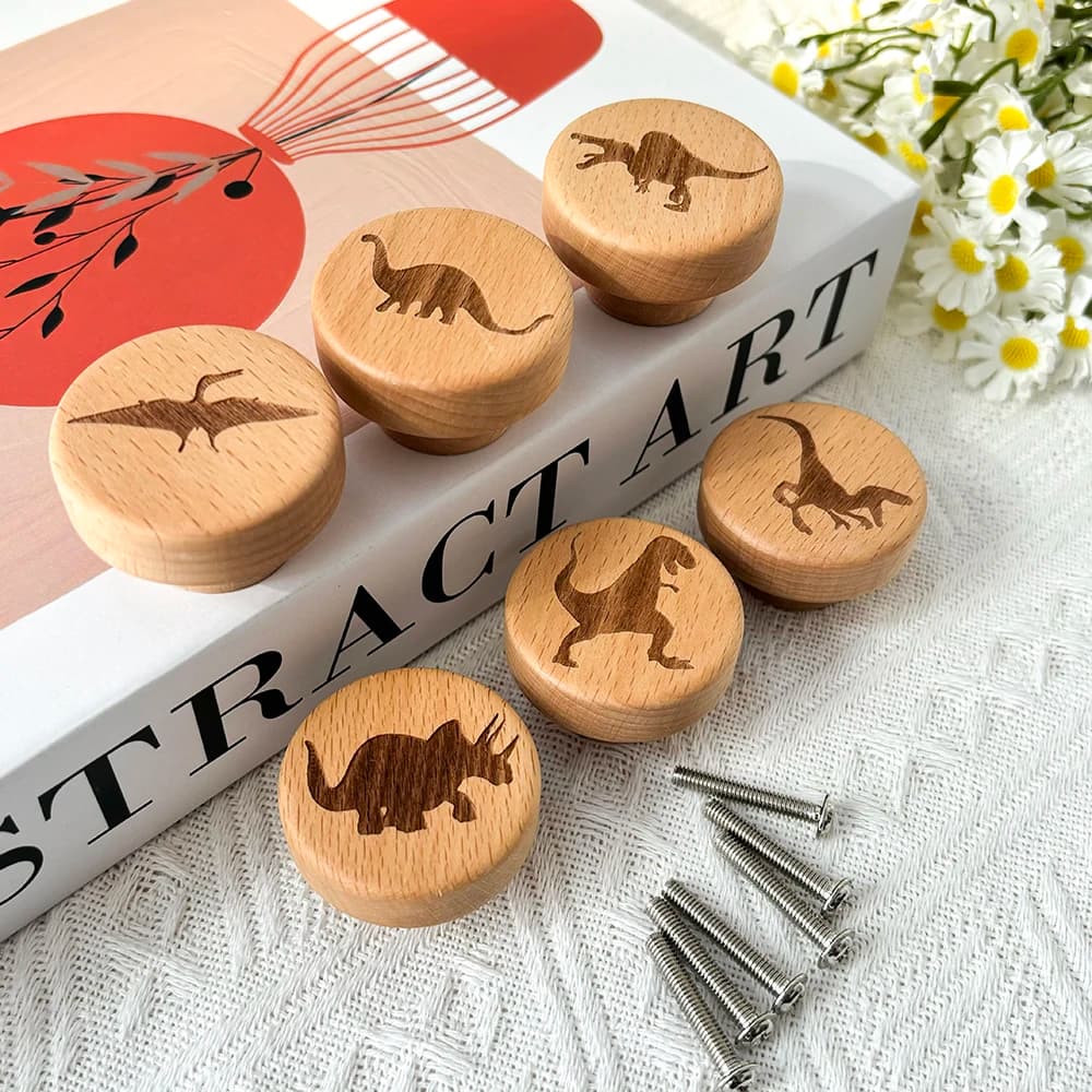 6 pezzi in legno di faggio inciso simpatico dinosauro comò manopola armadio da cucina tira manopole per cassetti a foro singolo maniglia per mobili