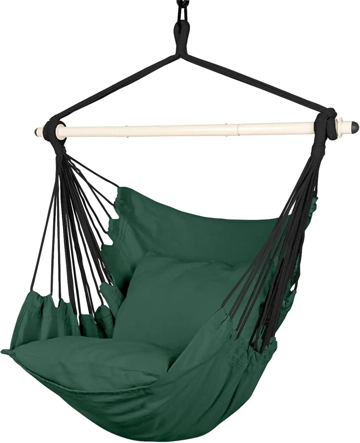 Suspended rocking chair with 2 cushions, steel support bar, maximum capacity 227 kg for indoor and outdoor use