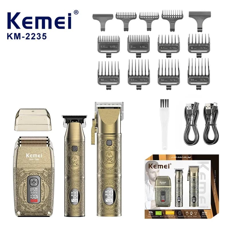 Kemei KM-2235 Set da barbiere professionale da 3 pezzi, tagliacapelli in metallo, kit tagliacapelli elettrico e rasoio.