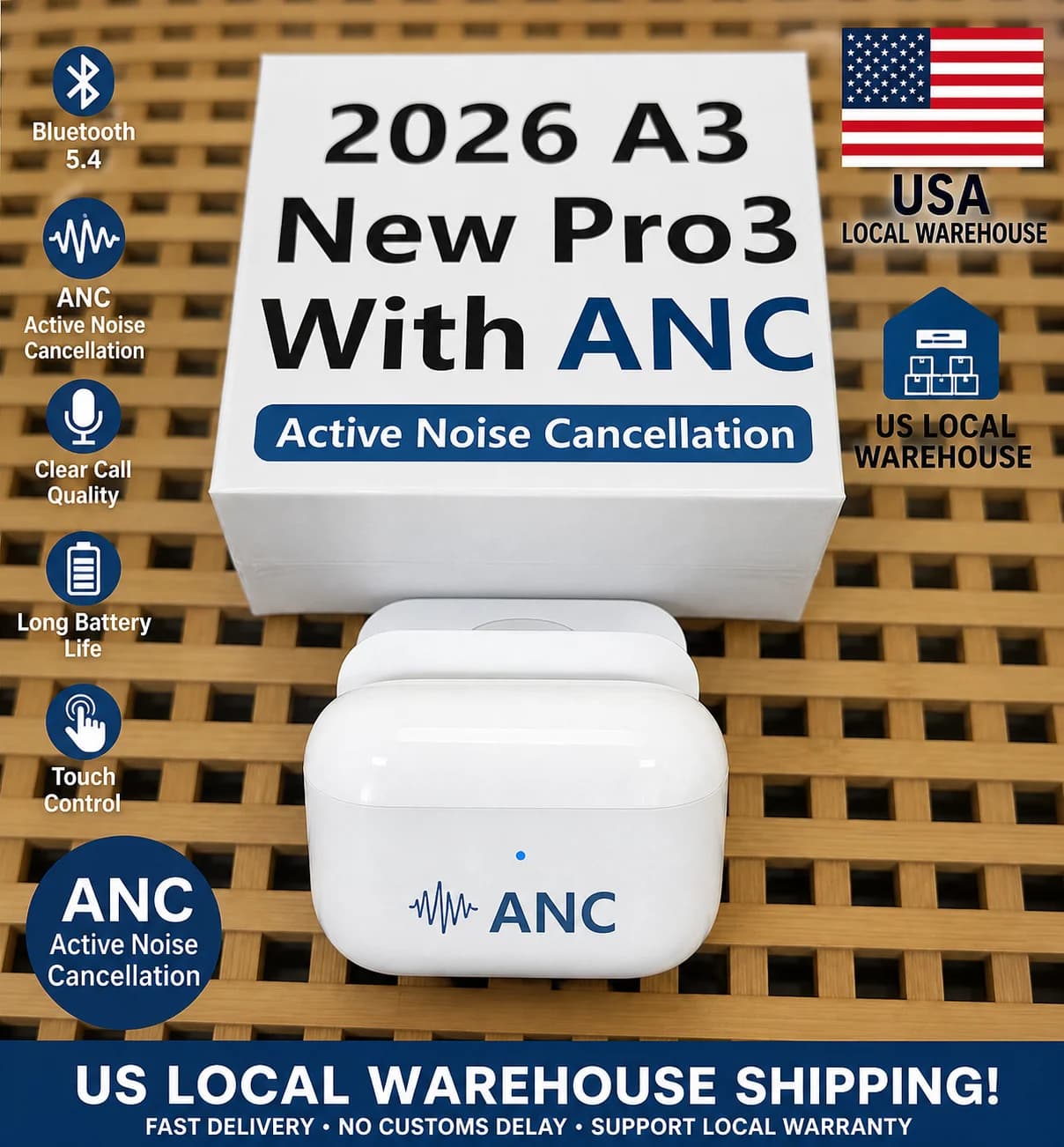 Super A3 per Nuovi Auricolari Bluetooth Wireless Pro 3 ANC, Cuffie con Cancellazione del Rumore per iOS e Android