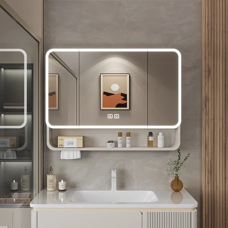 Armadietto a specchio per bagno ad arco in alluminio spaziale Armadietto per luce a parete Scatola per specchio per bagni