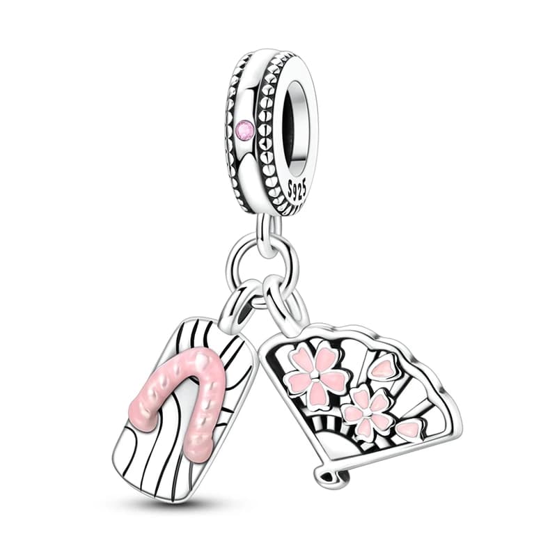 Ciondoli e perline in argento 925 a forma di Geta giapponese e ventaglio con fiori di ciliegio, compatibili con bracciali da donna, per creazione gioielli fai da te