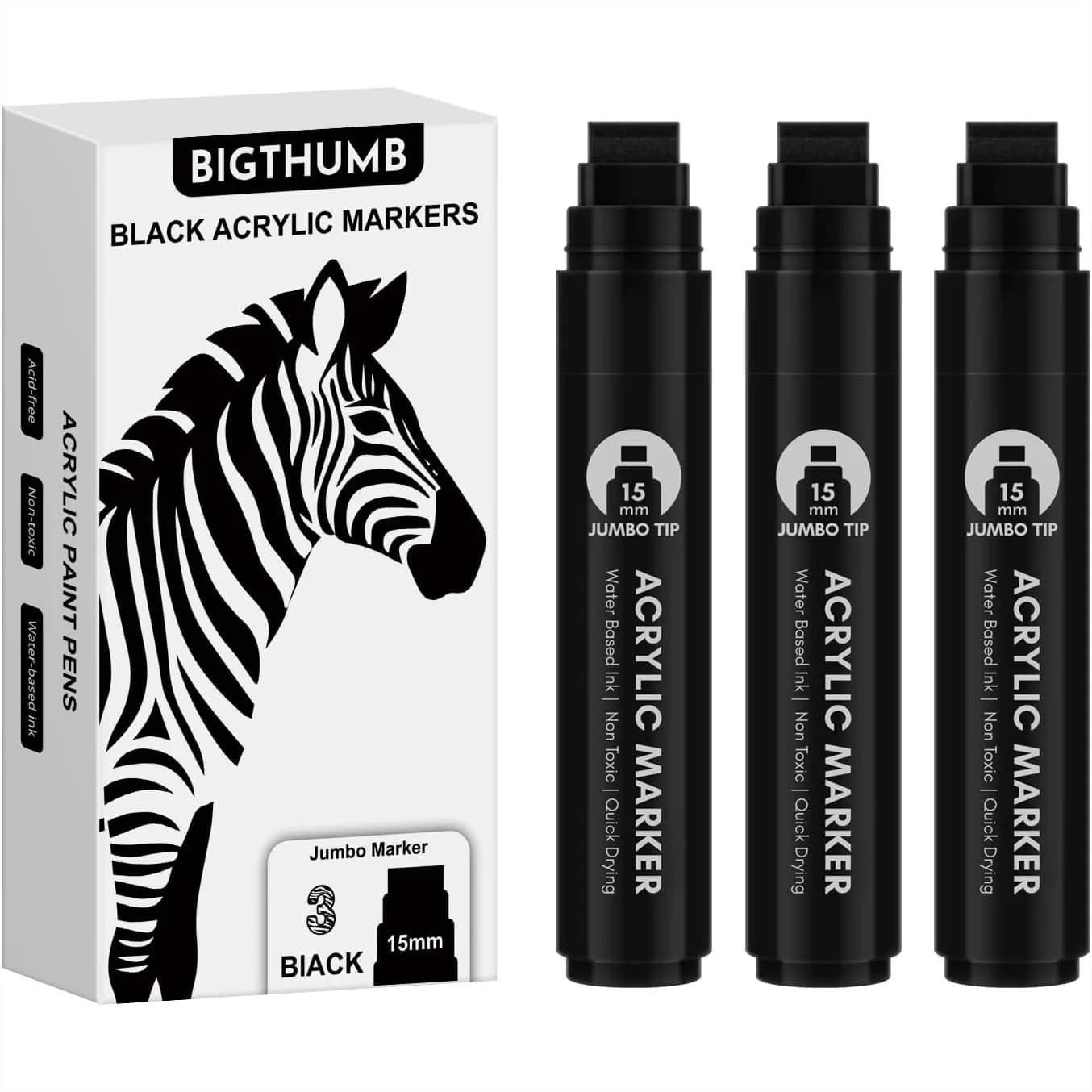 3 Jumbo Permanent Markers Black, 15mm Wide Tip Acrylic Paint Pen for Rock Painting, Poster, Sign, Canvas, Glass, Wood, Ceramic