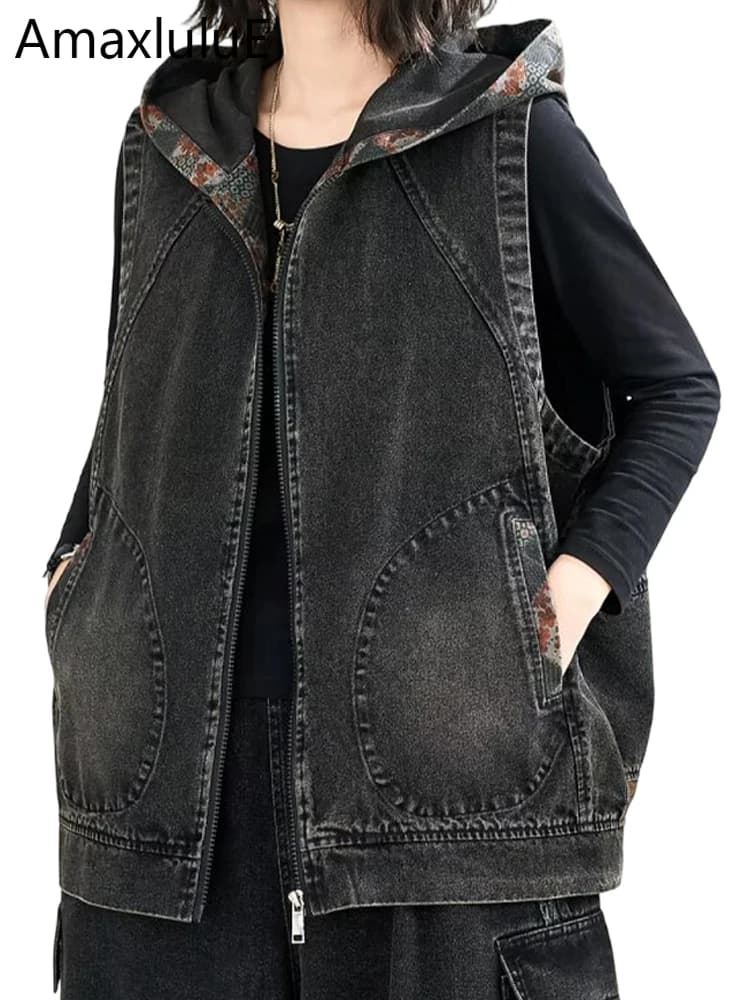Amax LuluE 2026 Moda classica con cappuccio Gilet di jeans Donna Primavera Vintage Allentato Cappotti senza maniche Donna Casual Patchwork Gilet