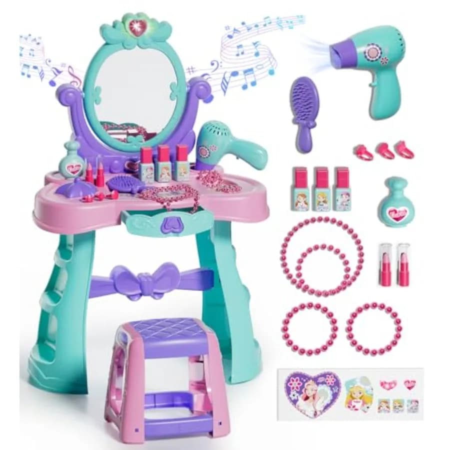 Set Tavolo da Trucco e Sedia con Specchio, Luci e Musica per Bambine, con Sgabello e Asciugacapelli, Gioco di Ruolo da Principessa