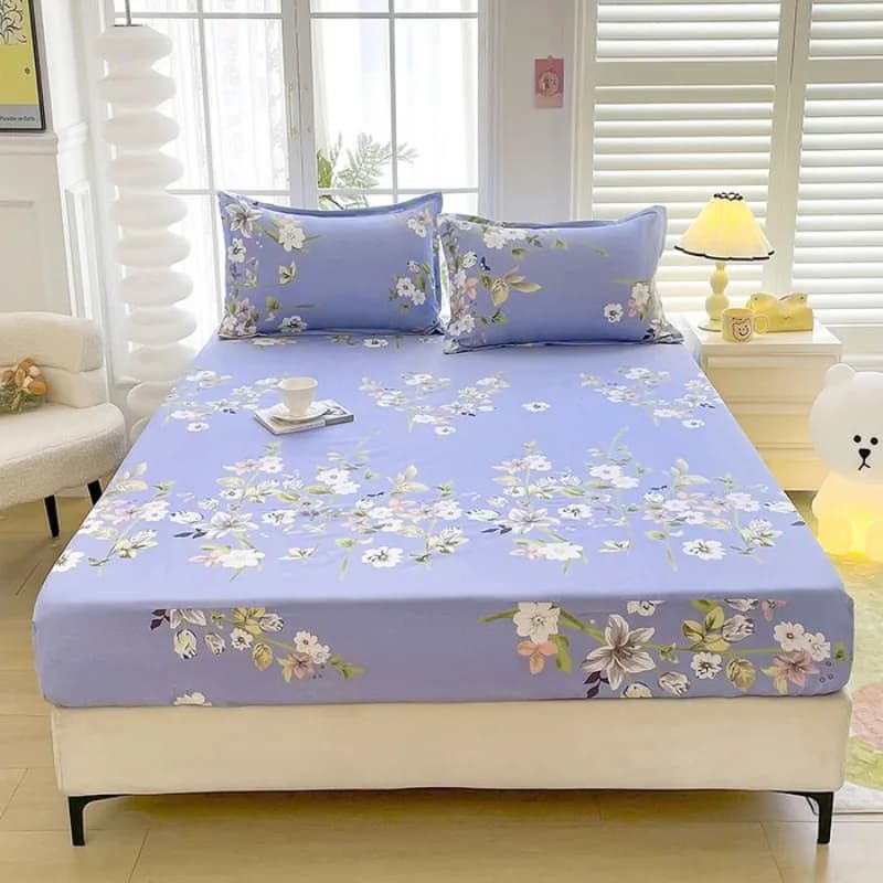Set of 3 piece lavender floral corners, set of bed linen printed with pastel flowers with pillowcase, soft microfiber bed sheet