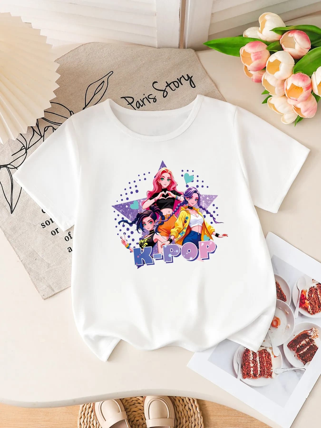 T-shirt a maniche corte con stampa anime K-POP per ragazze, maglietta grafica con cartoni animati, top casual estivo per bambini