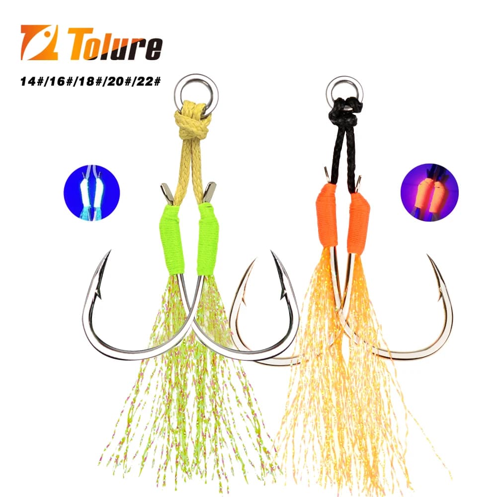TOLU Ganci di assistenza alla coda con maschera in metallo da 10 pezzi 13-22 # Con anello solido in piuma PE Jigging amo da pesca uv per ami da pesca con esca da 10-120 g