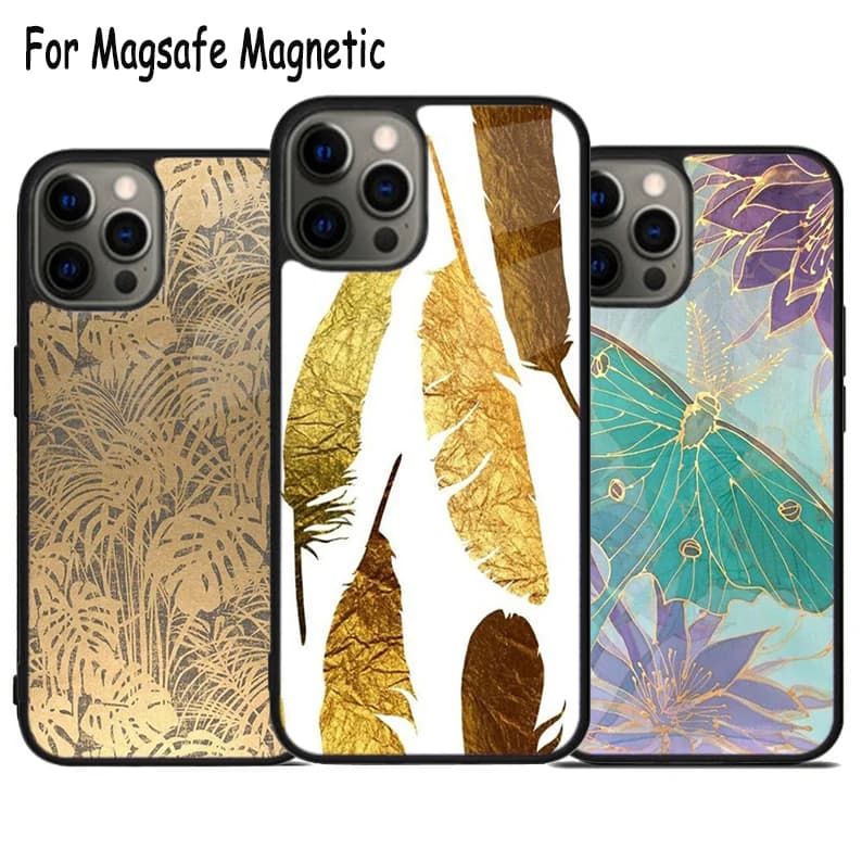 Custodia per telefono con ricarica wireless e design artistico in lamina d'oro a piuma per iPhone 17 Air 15 16 16e 14 13 11 12 Pro Max Plus, Cover magnetica Magsafe
