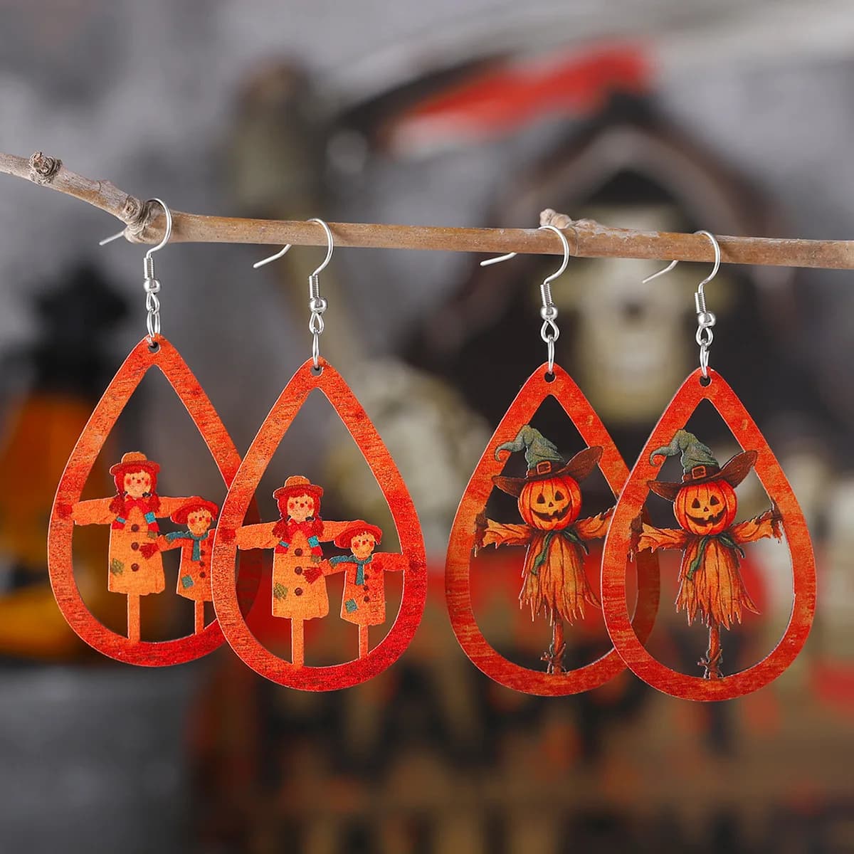 nuovo raccolto autunnale Ringraziamento Halloween zucca spaventapasseri orecchini pendenti orecchini bifacciali in legno