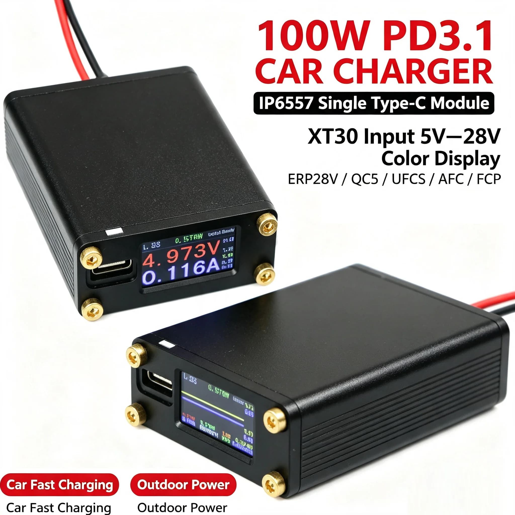 IP6557 Buck-Boost 100w Fast Charging w LCD Display DC 5V-28V Battery XT30 INPUT TO PD3.1 USB 5V 9V 12V 15V 20V Drone Car Charger