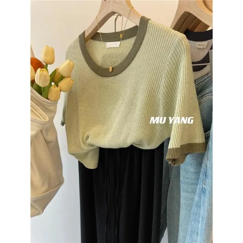 T-shirt da donna in maglia a coste color block, top casual estivo a maniche corte