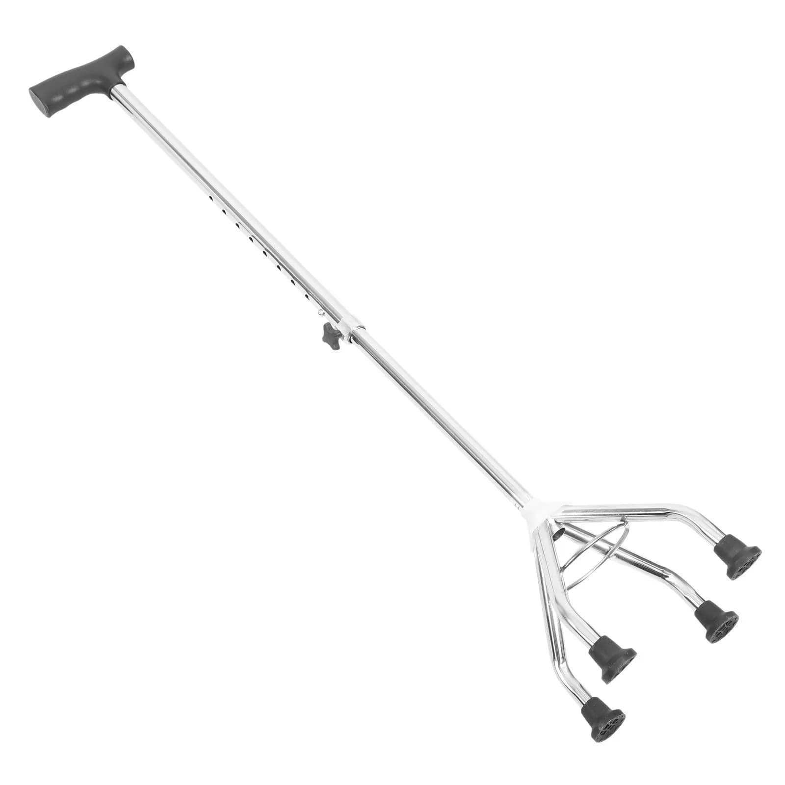 Detachable Adjustable Four-Point Walking Stick Stainless Steel Rubber Grip Nonslip Trekking Pole Hiking Camping Travel Elderly