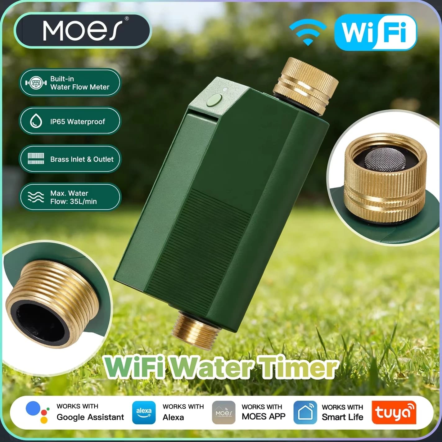 MOES Tuya WiFi Timer per Acqua, Valvola Intelligente con Controllo APP e Vocale, Ingresso e Uscita in Ottone, Impermeabile IP65, Compatibile con Alexa Google