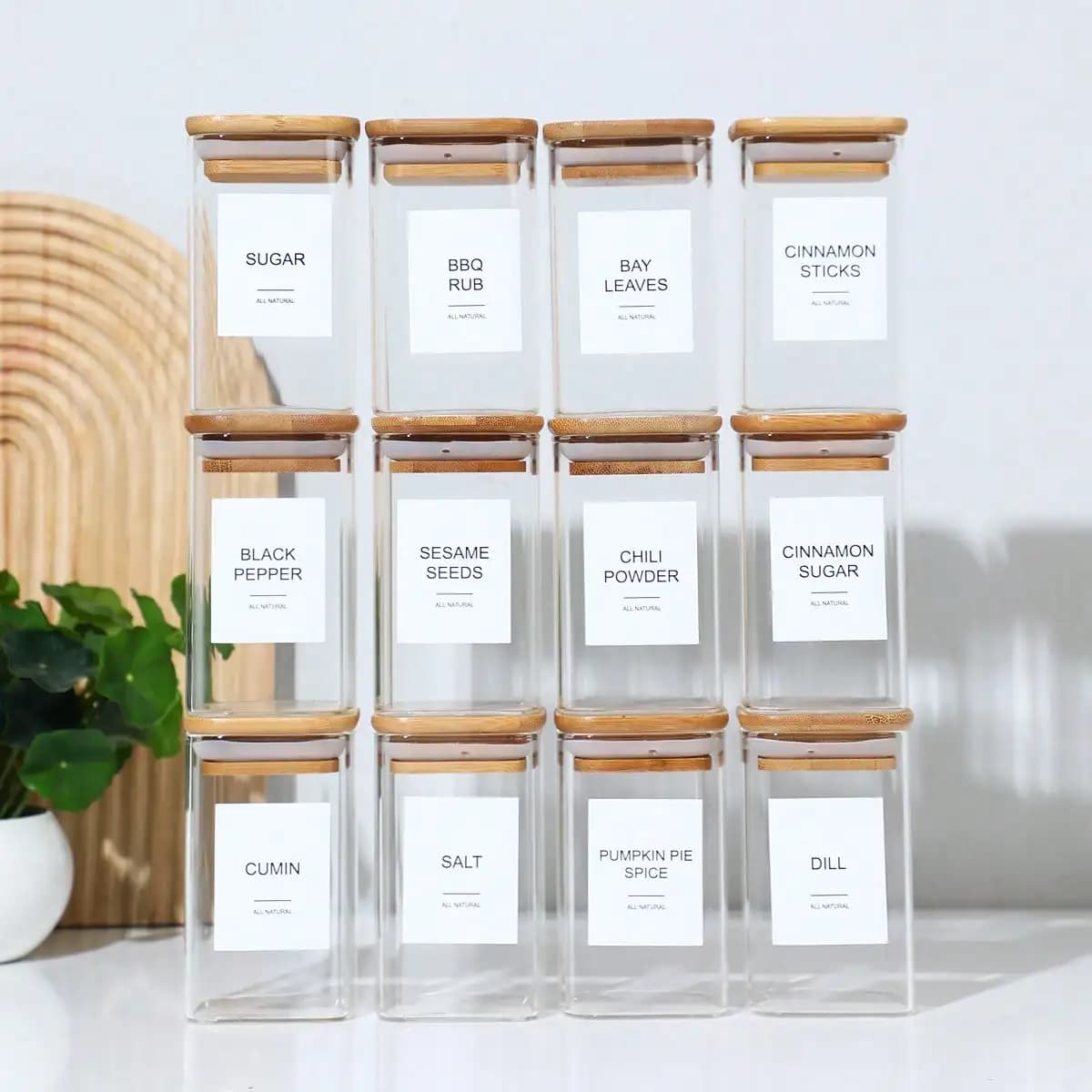 8oz Square Glass Spice Jars With Airtight Bamboo Lid Clear Spice Containers Seasoning Bottle Jar Set With Minimalist Waterproof Labels For Kitchen Pantry Storage Gift