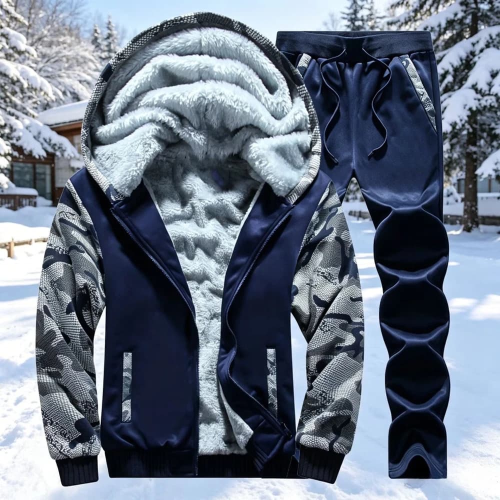 Men's Tracksuit Fleece Hooded Thickened Winter Outfit Zip Up Hoodie + Sweatpants 2 Piece Warm Outdoor Hiking Running Sports Set