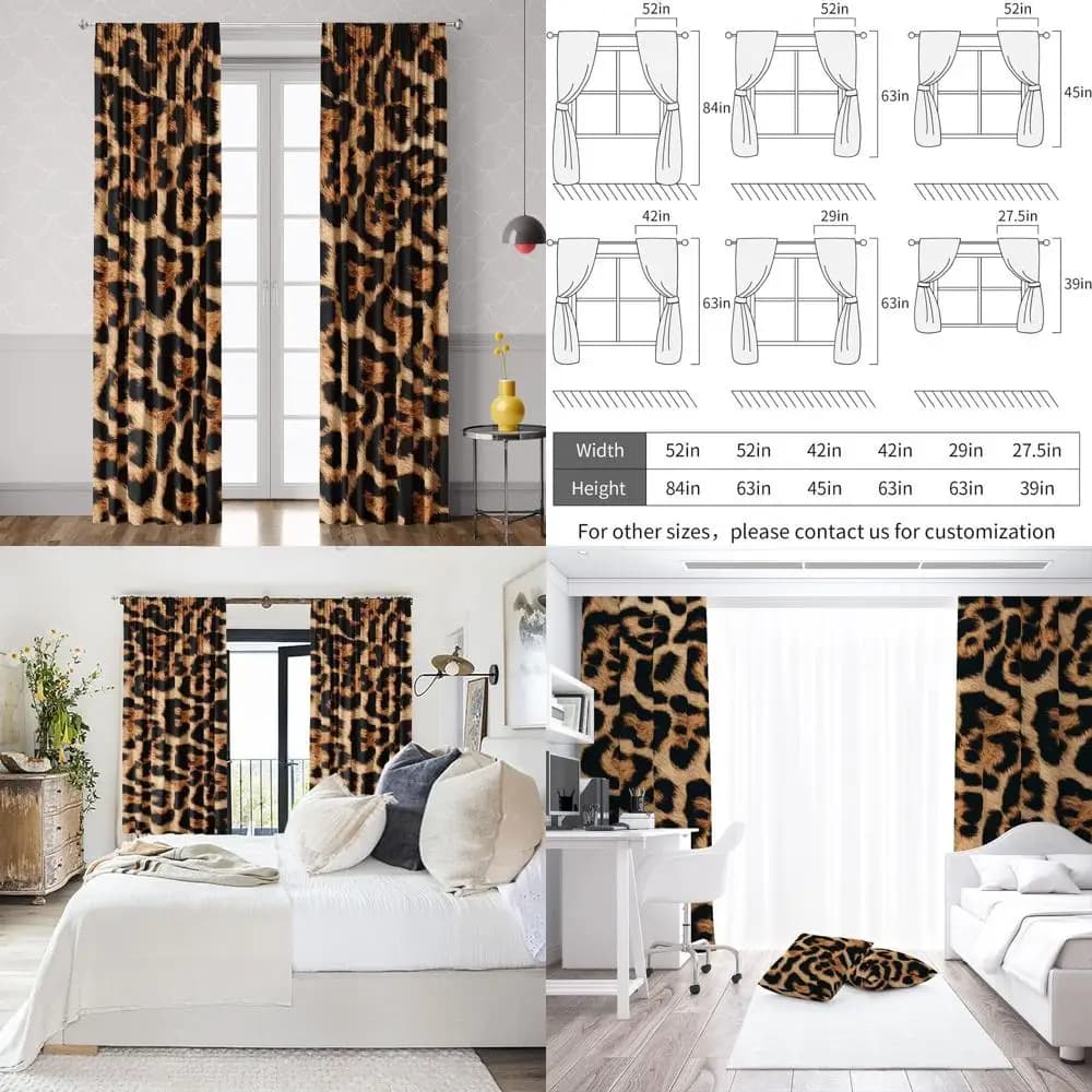 Dark Curtains with Leopard Print 52x84, Set of 2 Bedroom Panels/Living Room, Animal Theme