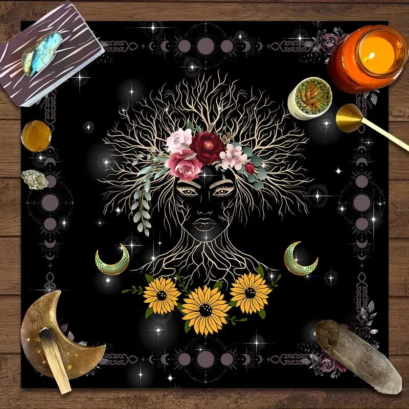 Tovaglia per tarocchi con albero della vita e design in cristallo misterioso, tappetino per carte oracolo astrologiche, decorazione per la casa