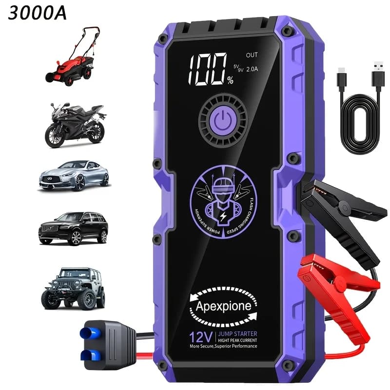 Avviatore di Emergenza Portatile per Auto 3000A-8000A - Caricabatterie per Auto 12V, Avviatore Multifunzione Opzionale 10500A con Funzione di Gonfiaggio Pneumatici, Jump Box, Ricarica Rapida USB, Torcia LED e Bussola in un'Alimentatore ad Alta Capacità