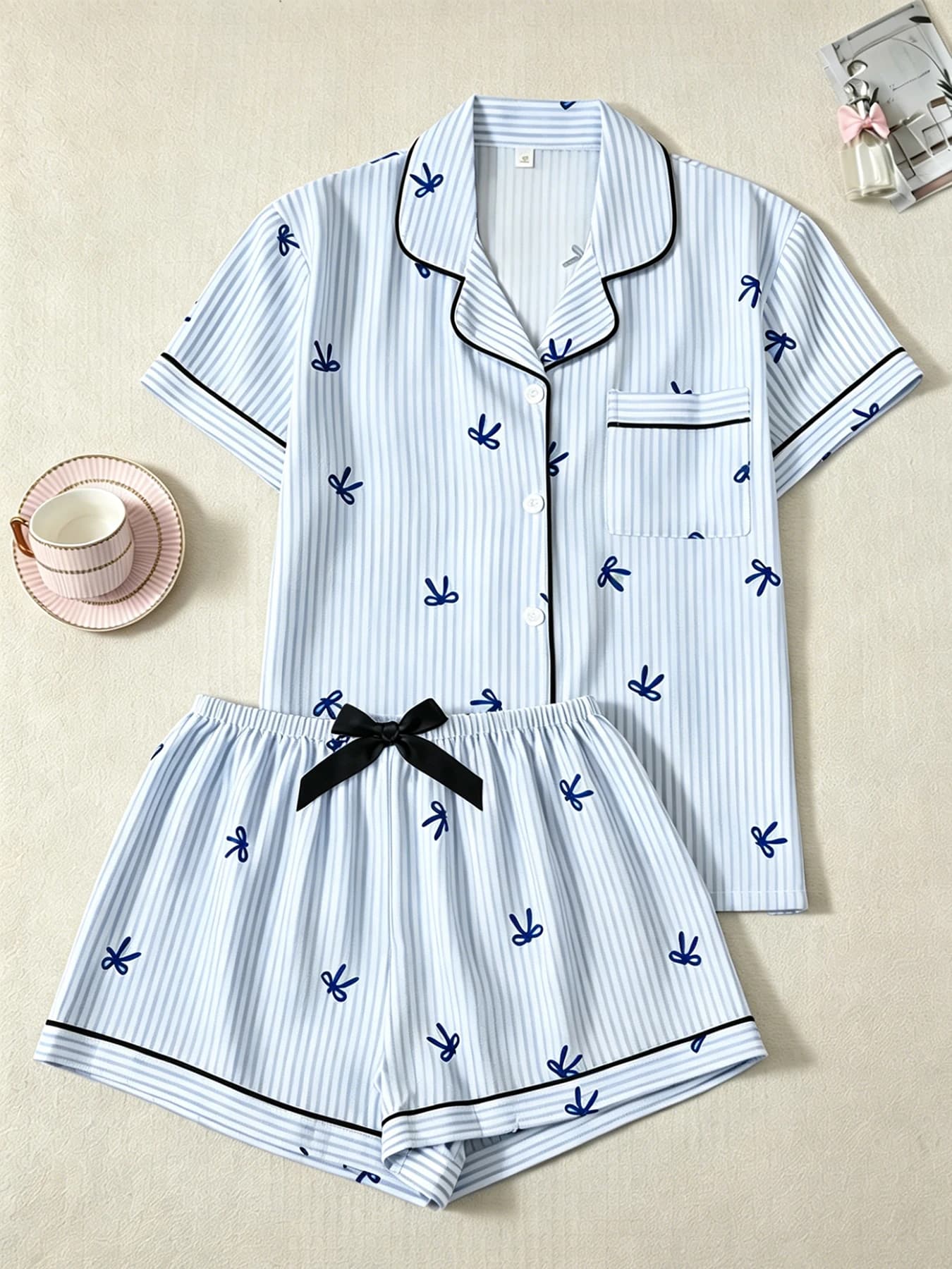 Classic Striped Pajamas Bow Print Women Pajama Set Button Down Shirt & Shorts 2 Piece Pajamas Bubble Crepe Loungewear Sleepwear