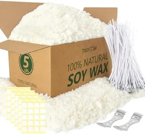 Kit di cera di soia naturale FUHITIM da 5 libbre – Scaglie di cera pura, 100 stoppini in cotone e accessori per la creazione di candele