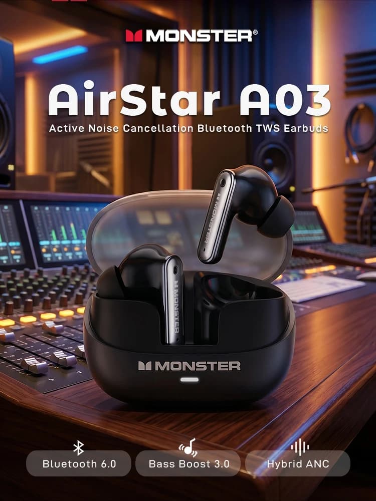 Monster AirStar A03 ANC Earbuds Powerful Deep Bass Bluetooth 6.0 TWS Wireless Earphone Hybrid Active Noise Cancelling Headphone