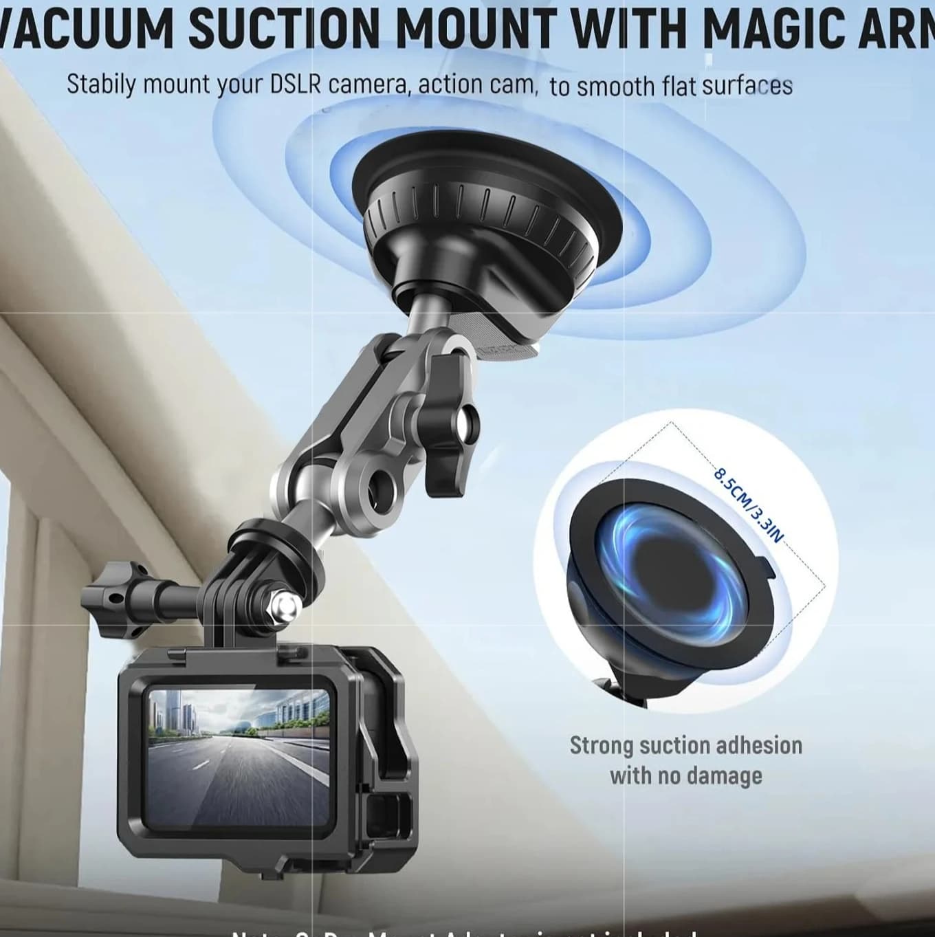 Supporto a ventosa per auto per action cam, robusta base per aspirapolvere compatibile con DJI Insta360 GoPro, anti-shock per la guida