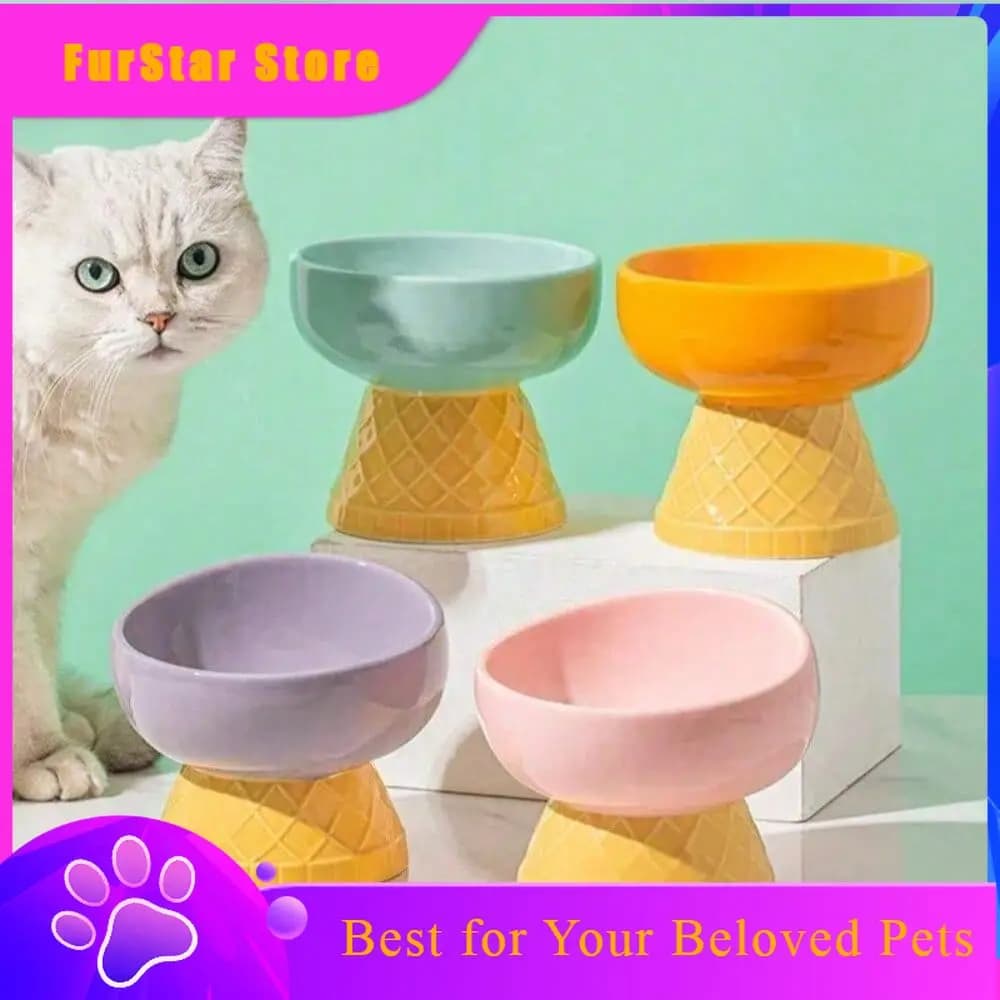 FurStarCream Shaped Ceramic Pet Bowl Raised AntiSplash Cat Dog Food Water Bowl, Cute Pet Supplies With NonSlip Base And Slanted