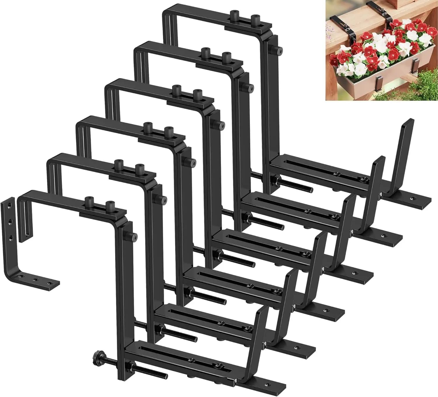 Supporti Regolabili per Fioriere da Ringhiera, Ganci Robusti in Ferro per Montaggio a Parete per Balcone, Recinzione, Patio, Giardino - Nero