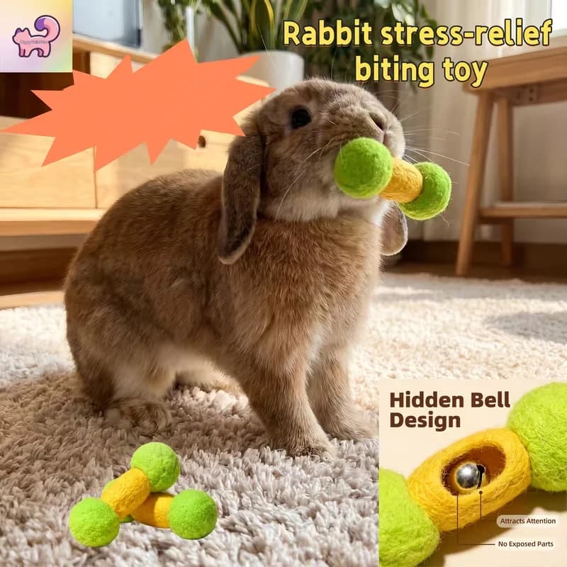 2 pet rabbits venting their excitement with felt balls and built-in bell shaped dumbbell toys - rabbit one bite wrestling toy -