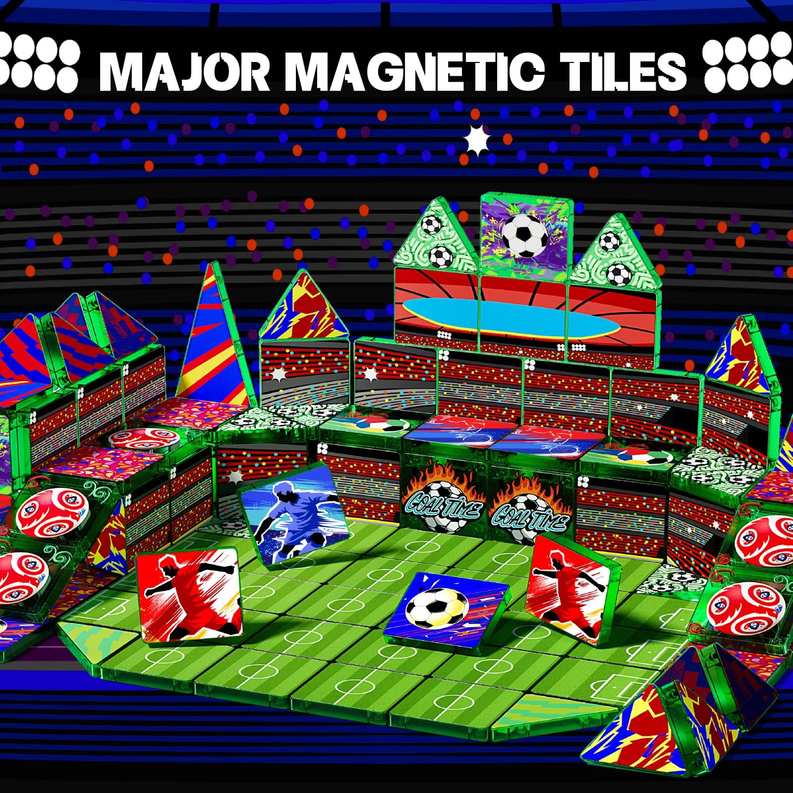 60PCS Soccer Themed Magnetic Tiles Building Blocks, STEM Educational Creative Construction Toy Kids Boys Sports Gift