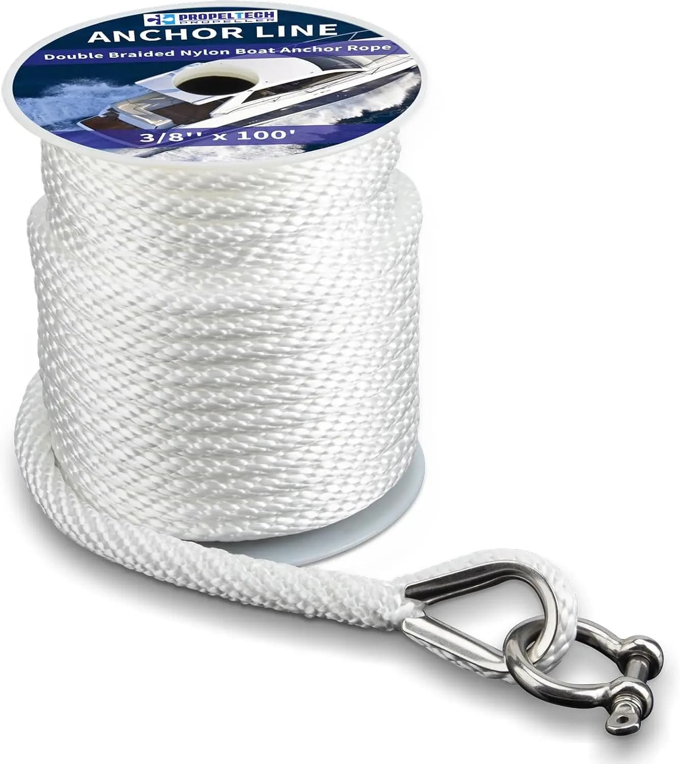 Corda per Imbarcazioni MFP Intrecciata Premium, 3/8" x 100' Bianca con Passacavo e Grillo in Acciaio Inossidabile