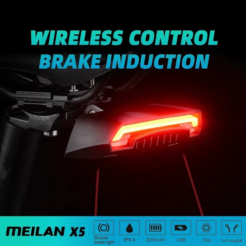 Meilan X5 Bicycle Rear Light with Wireless Remote Control, Intelligent LED Light with Laser Brake and Direction Indicator, Rechargeable