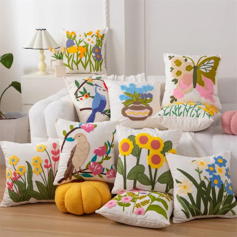 Fodera per cuscino decorativa in tela di cotone con effetto 3D e ricamo di uccelli, per divano, ufficio, casa, decorazione della stanza.