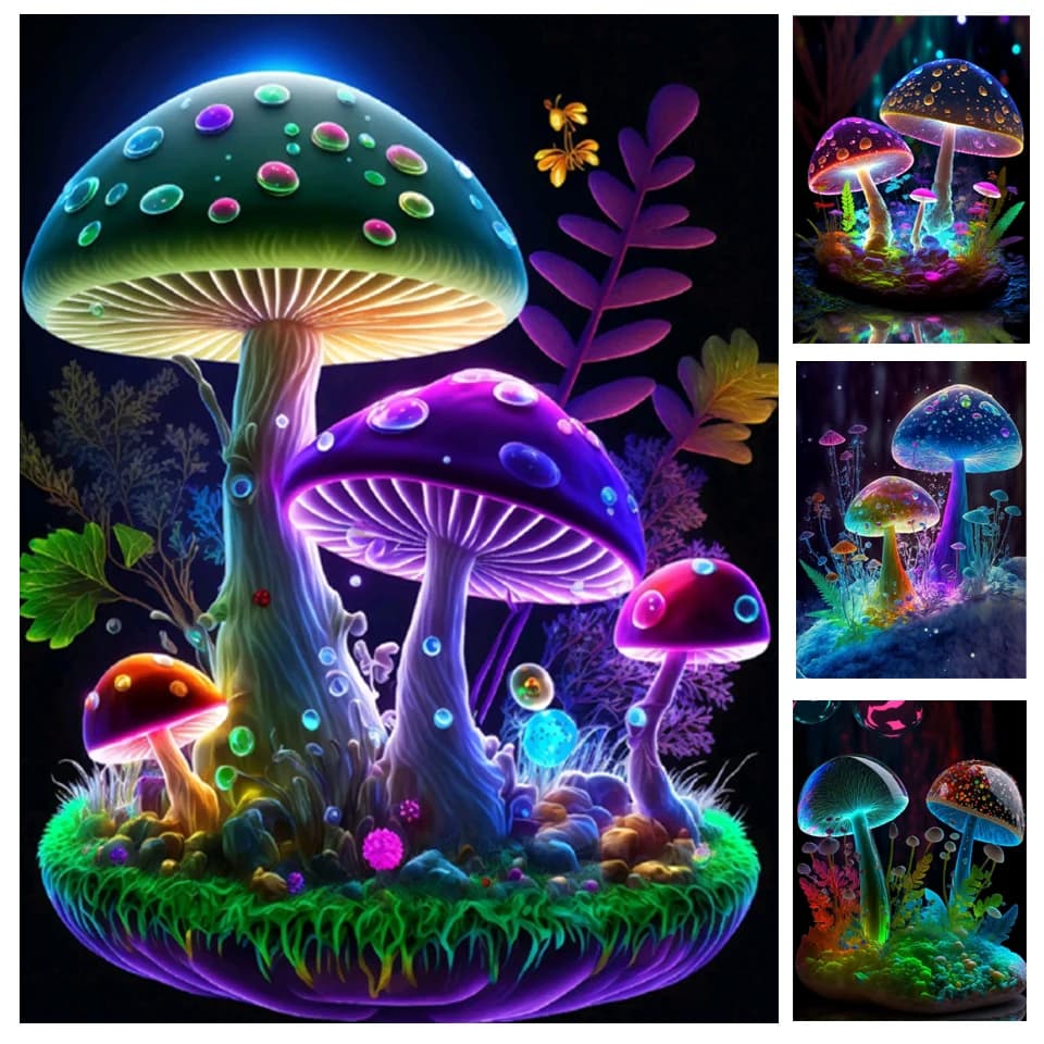 Pittura Diamantata 5D Fai da Te Paesaggio con Funghi Magici, Ricamo a Diamante Completo, Puzzle a Punto Croce, Nuovo Arrivo