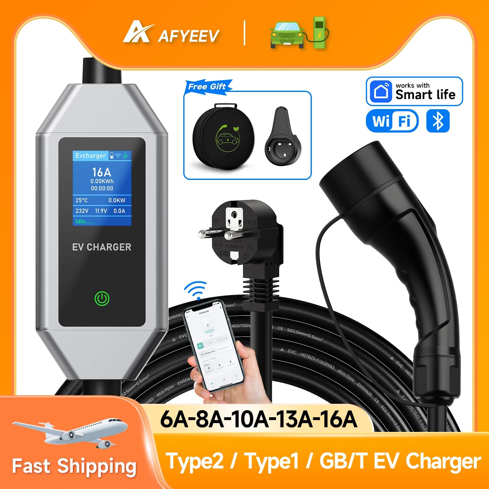 AFYEEV 3.6KW 16A Tipo 2 Caricatore EV Type1 GB/T EVSE Cavo di ricarica con supporto per pistola WiFi Bluetooth APP Telecomando monofase