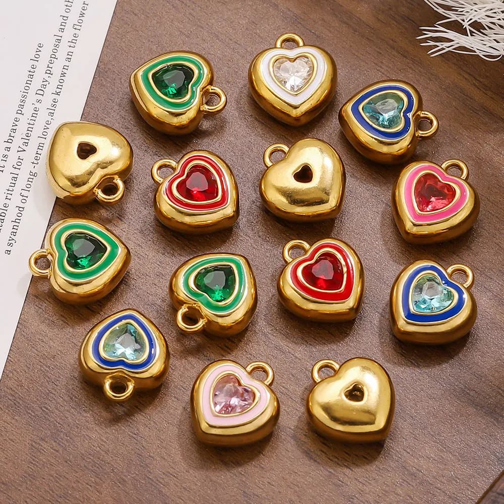3 pieces stainless steel with heart shape zircons, gold pendant accessories for diy earrings, necklaces, bracelets, jewelry creation