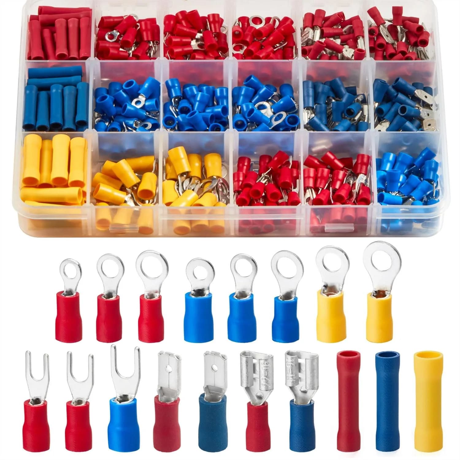 Kit Elettrico 200 Pezzi di Connettori a Crimpare Isolati, Terminali ad Anello, a Forcella e a Spade, 22-16 16-14 12-10 GA, Senza Saldatura