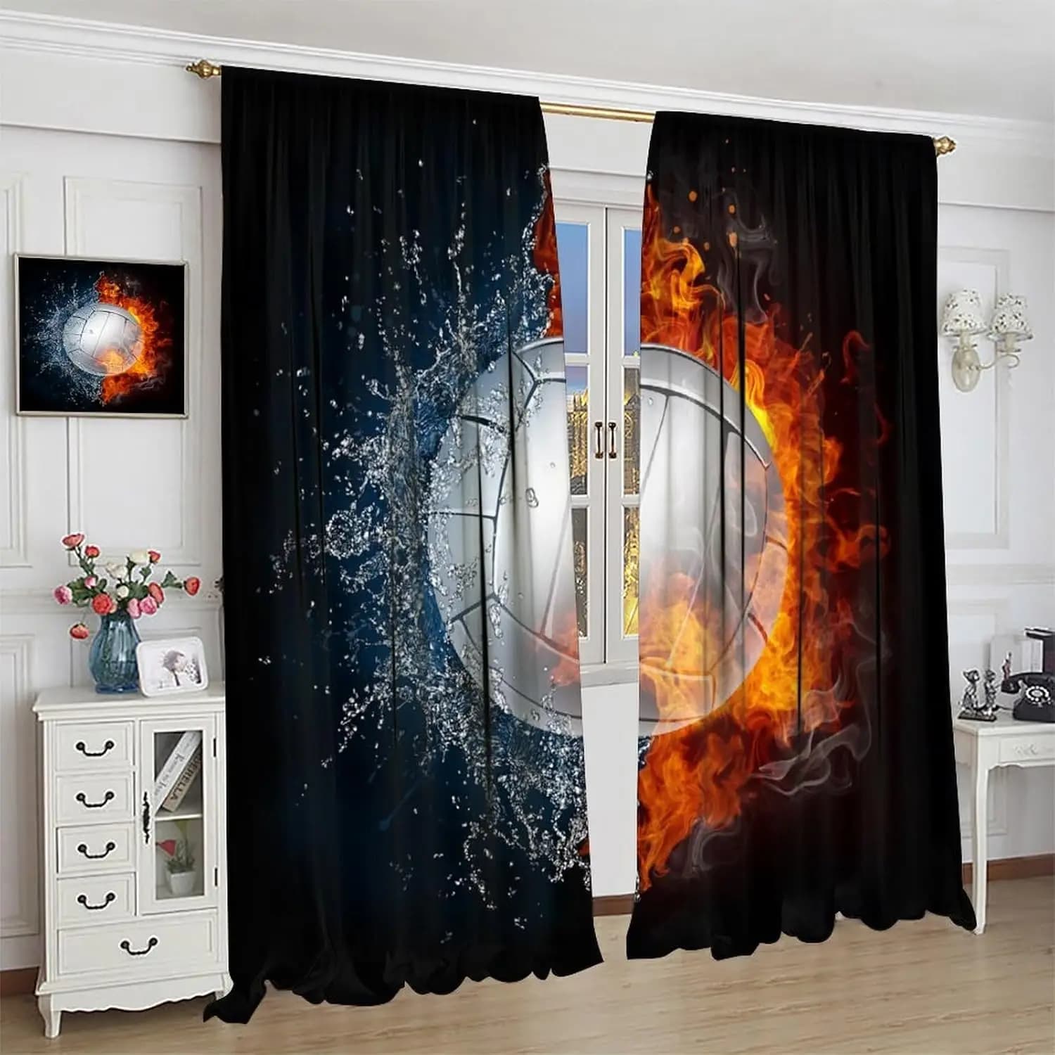 Tenda da pallavolo bruciante Simmetrica Ice Fire Impact Art per camera da letto Soggiorno Ragazzi Trattamenti per finestre 42" LX 45" L