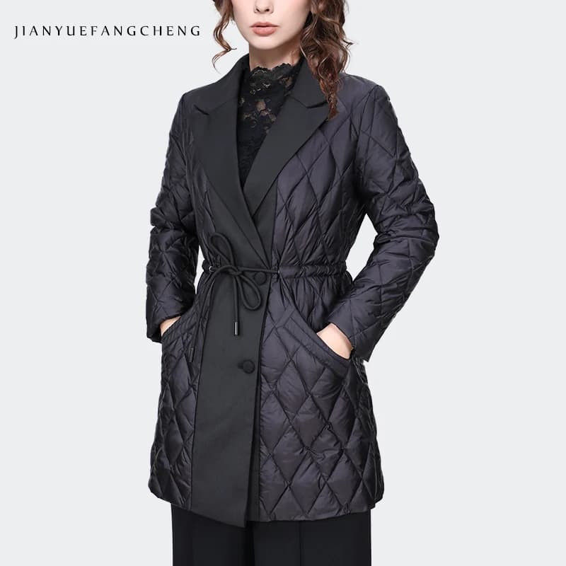 Fashion Lapel Collar Women' Black Long Quilted Down Jacket For Winter Warm Lightweight White Duck Down Padded Puffer Coat Parkas