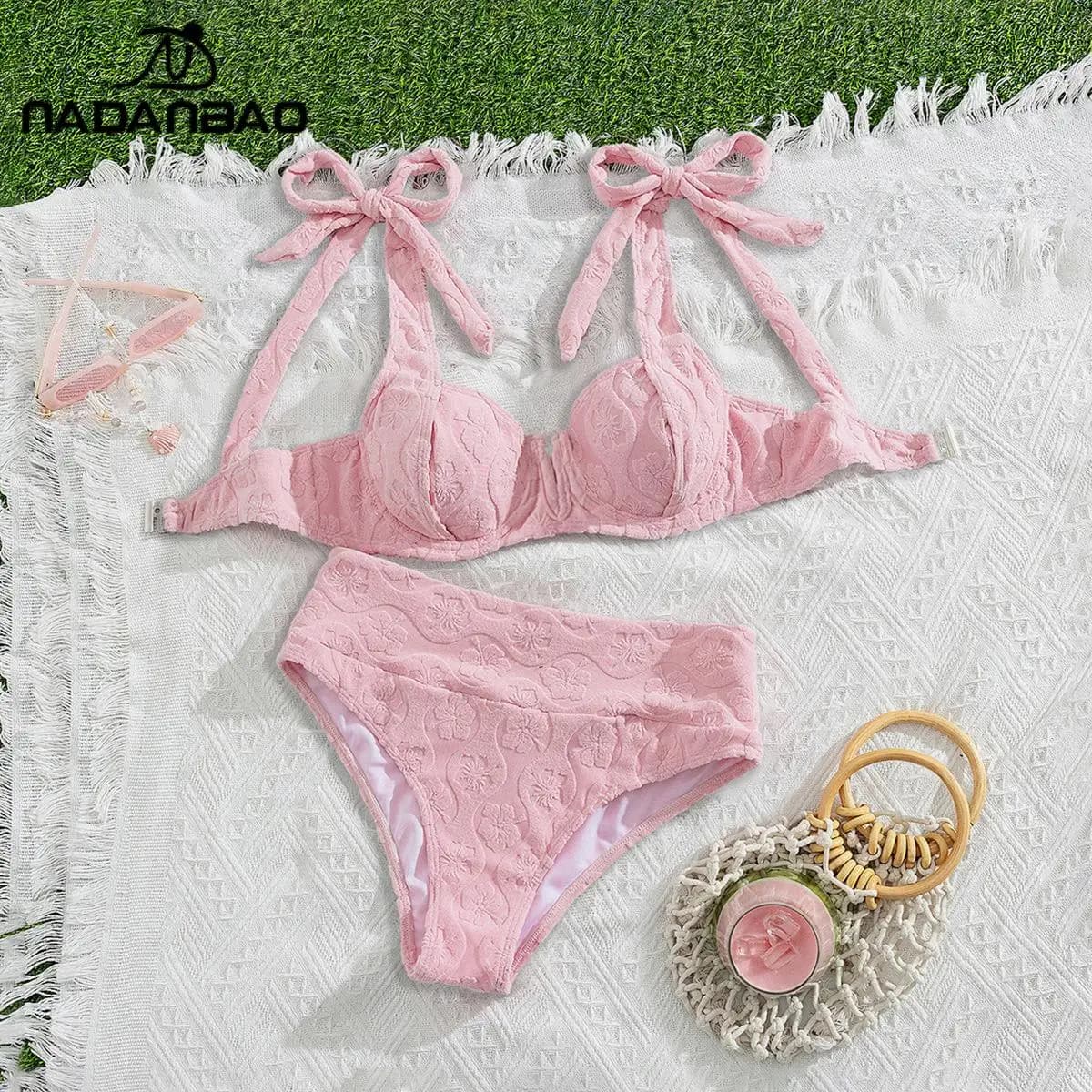Nadanbao Costume da bagno sexy rosa floreale a vita alta, bikini imbottito con lacci e fiocco, per donna, per tutti i giorni, per la spiaggia e le vacanze