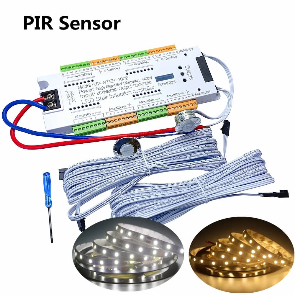 Sensore di movimento PIR Striscia LED per scale 12V SMD 5050 Lampada bianca / bianca calda Nastro luminoso 32 vie Controller per scale Nastro LED per gradini