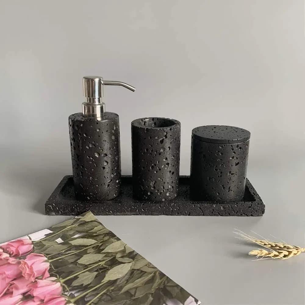 Set di accessori da bagno in roccia vulcanica naturale, tazza per spazzolino da 4 pezzi, vassoio portaoggetti, dispenser di sapone liquido, scatola per tamponi di cotone