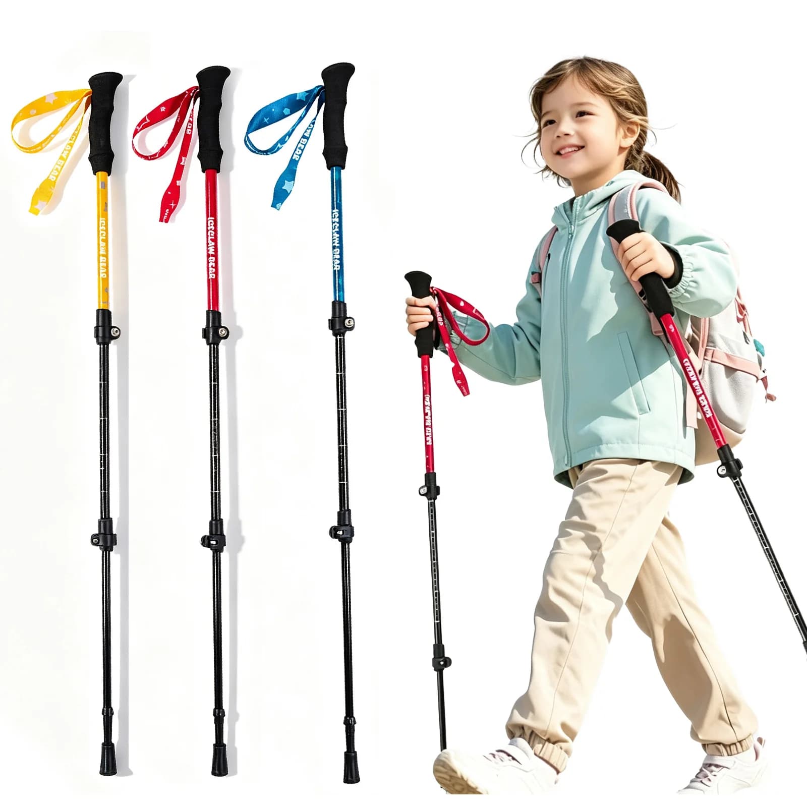 ICECLAW BEAR Kids Carbon Fiber Trekking Poles 3-section Adjustable 51–100cm Ultralight Hiking Sticks for Children Family Camping