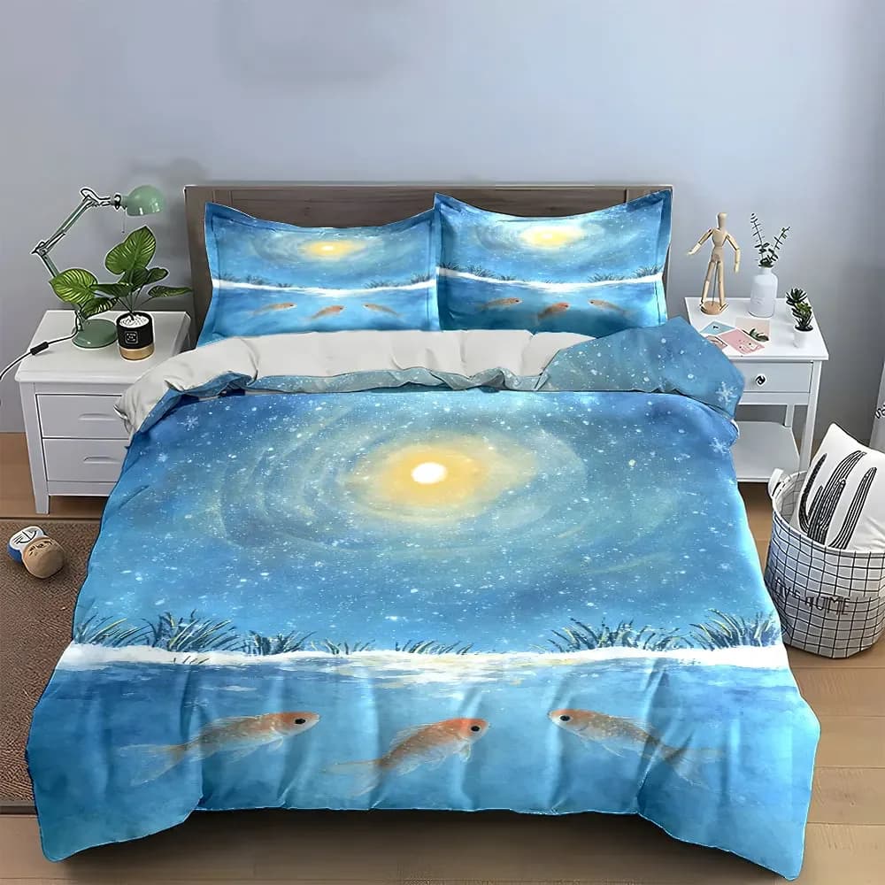 Set di biancheria da letto con copripiumino morbido e confortevole con immagine di notte innevata al chiaro di luna, include 1 copripiumino e 2 federe, regalo