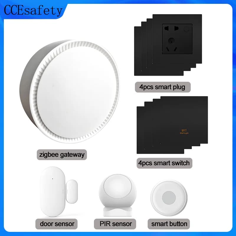 Kit Smart Home Zigbee Gateway 4PC Smart Switch 4PC Smart Plug Sensore porta Rilevatore di movimento PIR Pulsante remoto per l'automazione domestica