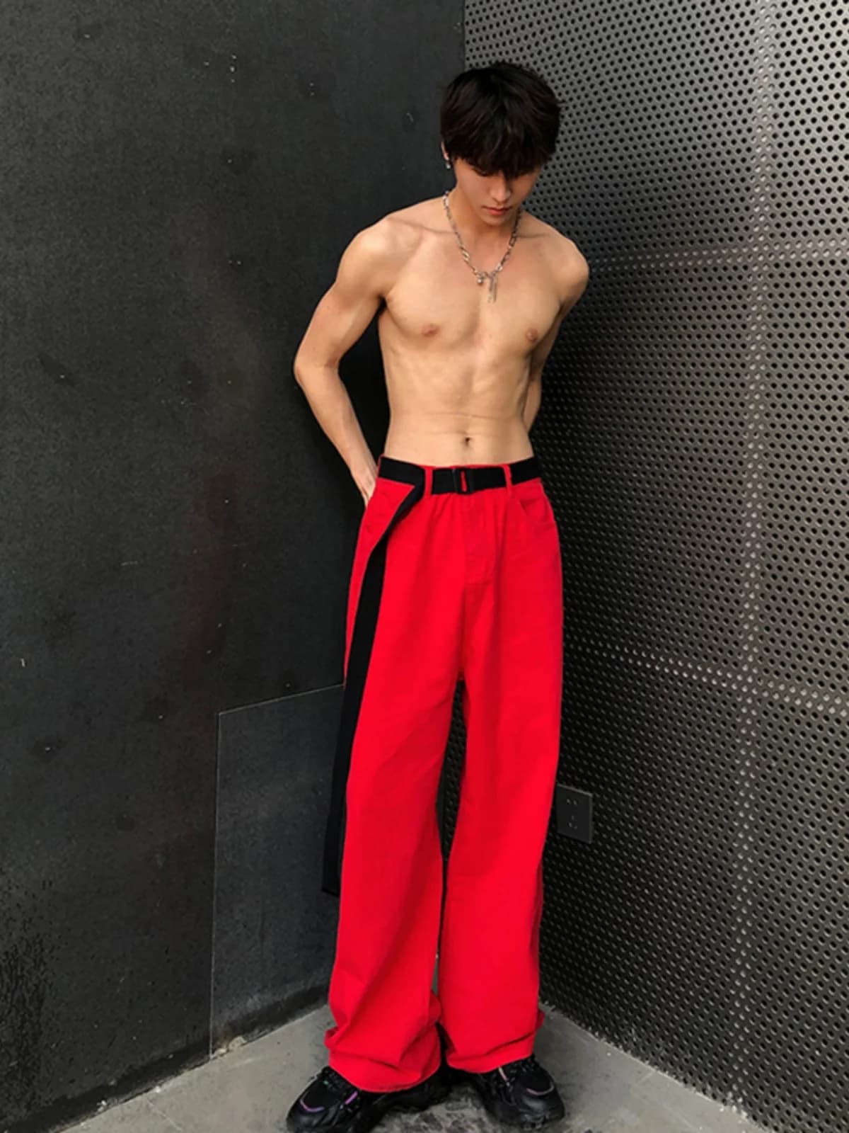 Red Straight Leg Thin Denim Jeans Men's Summer Faion OOTD Pants High Waist Zipper Fly Casual Long Trousers