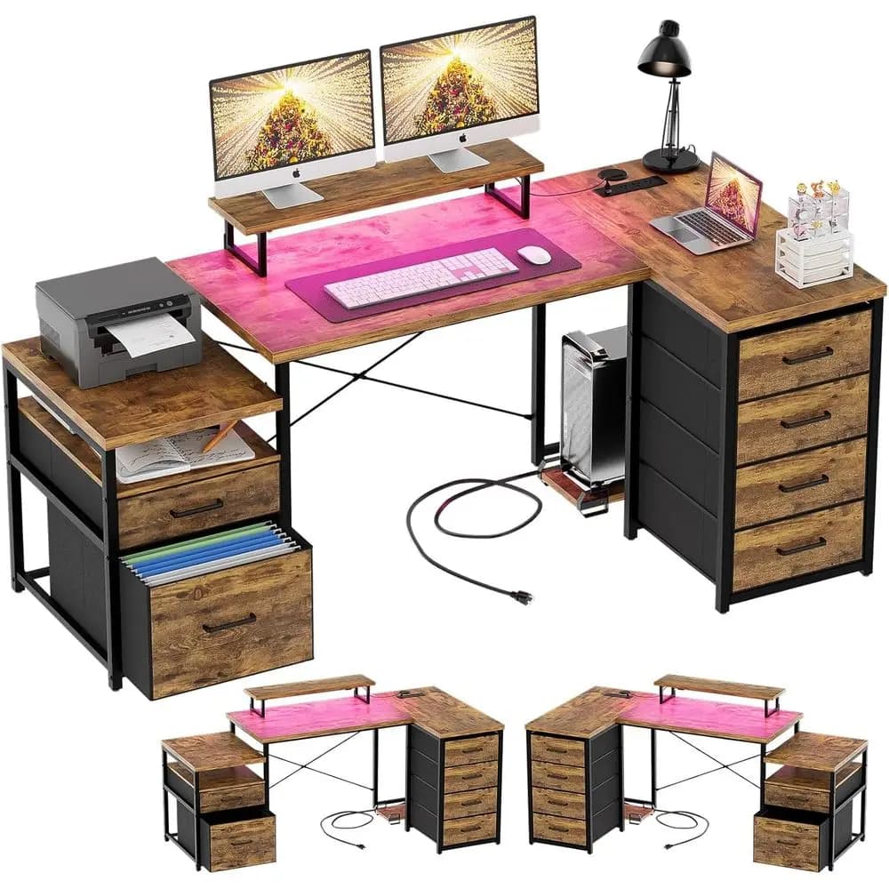 Scrivania a L in Tessuto con Illuminazione RGB, Scrivania da Ufficio 70.8, Prese di Corrente, Supporto Monitor, Marrone Rustico